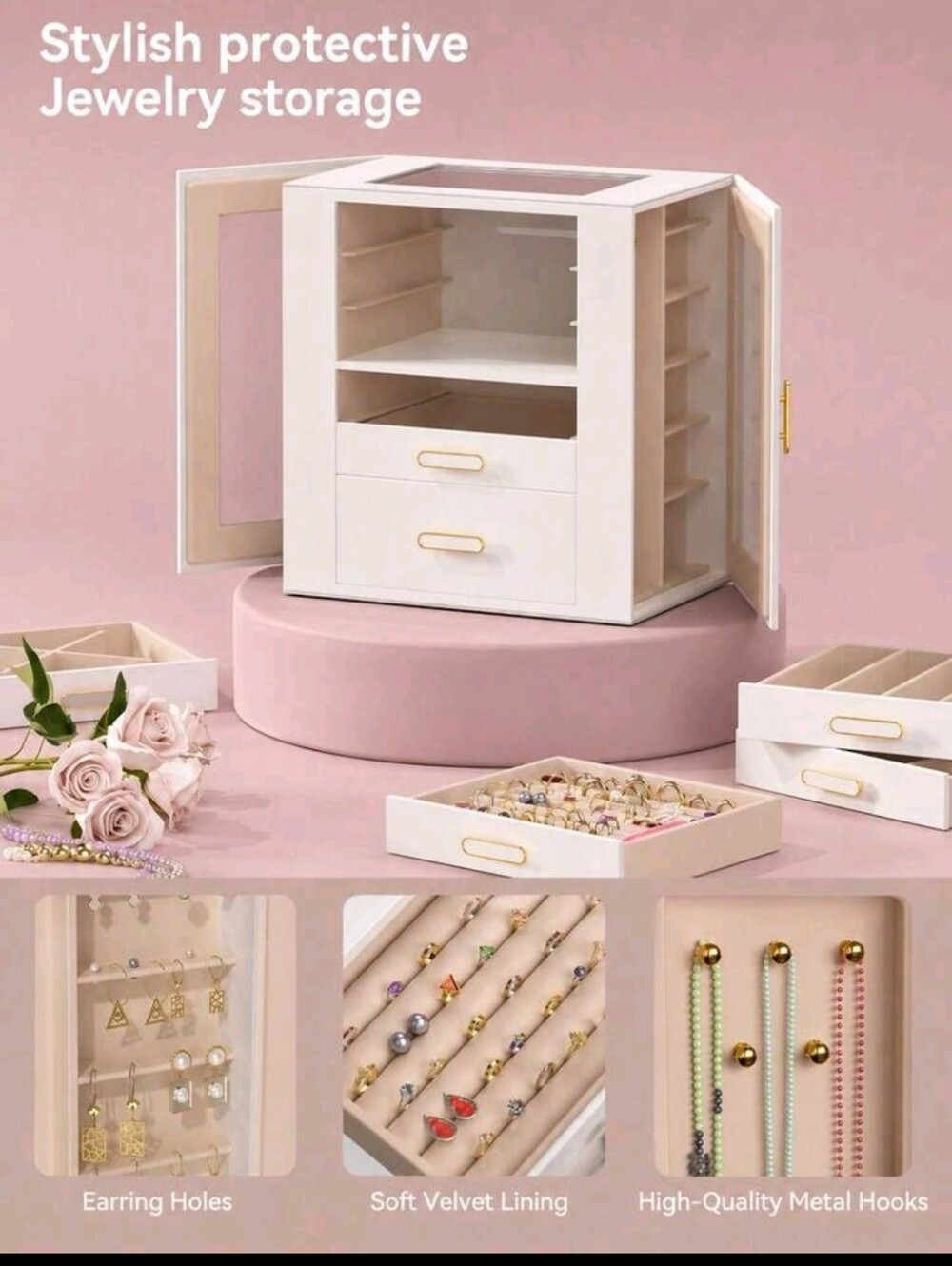 White Jewelry Storage Box with Mirrors - Elegant Multi-Drawer Organizer - Picture 3 of 7